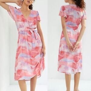 Cloth & Stone Watercolor Tie Dye Wrap Midi Dress Pink Purple S
